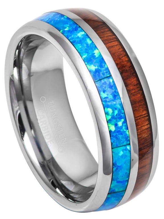 8mm Men's Dome Tungsten Wedding Band, Koa Wood & Opal Inlay Anniversary Ring - TN885WAs7