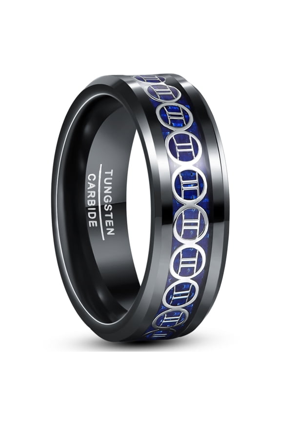 8mm Men's Gemini Tungsten Ring Black and Blue Wedding Band with Carbon Fiber Size 7-12