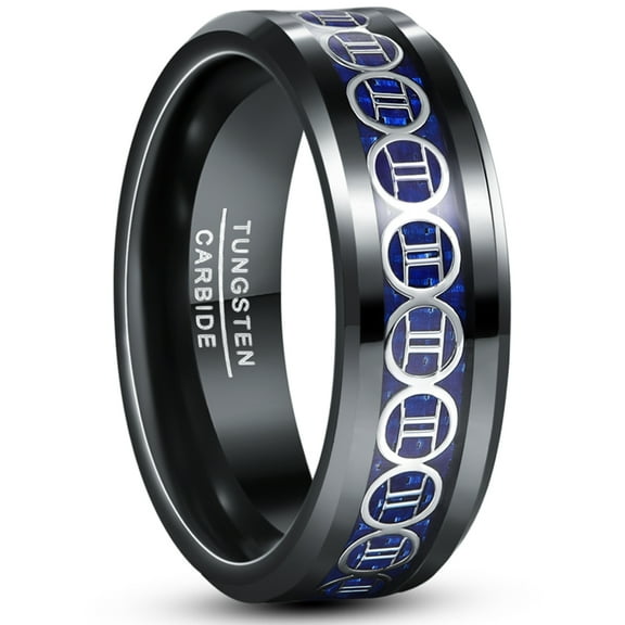 8mm Men's Gemini Tungsten Ring Black and Blue Wedding Band with Carbon Fiber Size 7-12