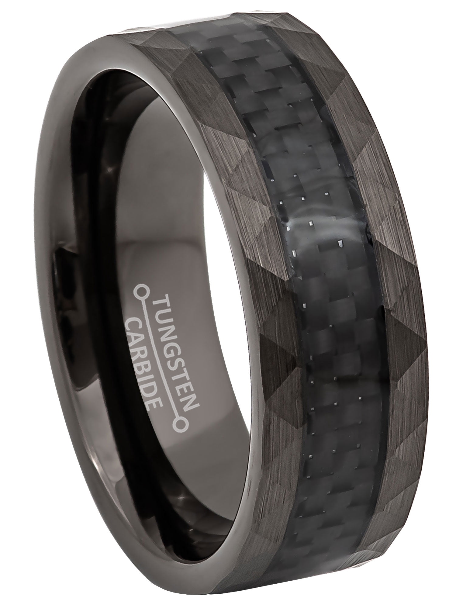 8mm Men's Gun Metal Tungsten Wedding Band, Carbon Fiber Center Faceted 8mm Men's Gun Metal Tungsten Wedding Band, Carbon Fiber Center Faceted
