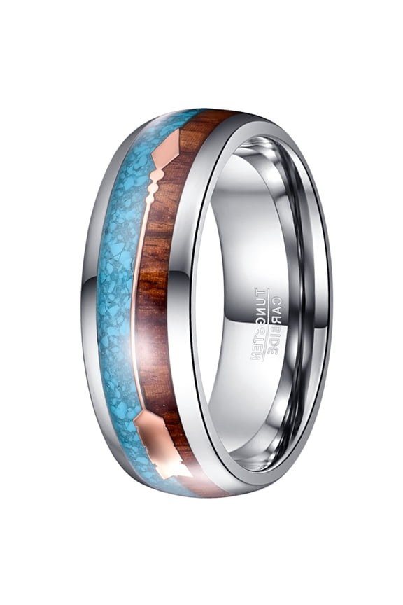 8mm Men's Hawaiian Koa Wood and Turquoise Inlay Tungsten Carbide Ring Size 7-12