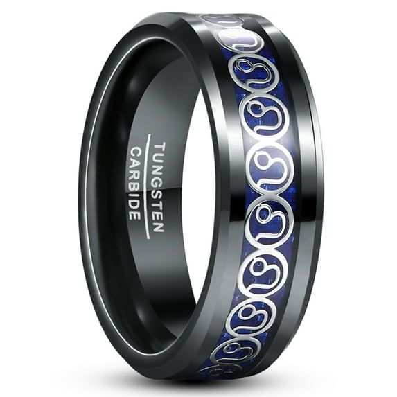 8mm Men's Leo Tungsten Ring Black and Blue Wedding Band with Carbon Fiber Size 7-12