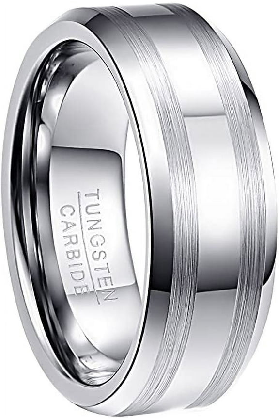 8mm Men's Silver Tungsten Carbide Ring Burshed Wedding Band with Beveled Edges Size 6-13