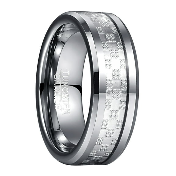 8mm Men's Silver Wedding Band Tungsten Rings Inlaid with Checkered Pattern Beveled Edges