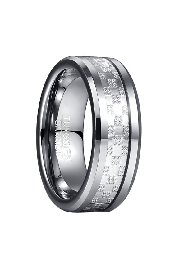 8mm Men's Silver Wedding Band Tungsten Rings Inlaid with Checkered Pattern Beveled Edges