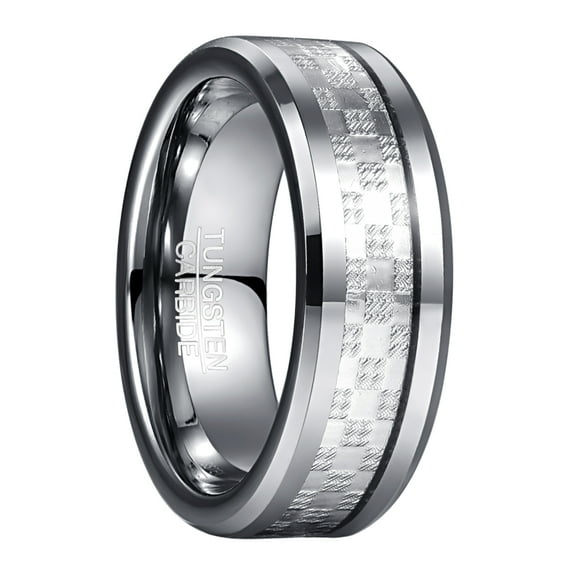 8mm Men's Silver Wedding Band Tungsten Rings Inlaid with Checkered Pattern Beveled Edges