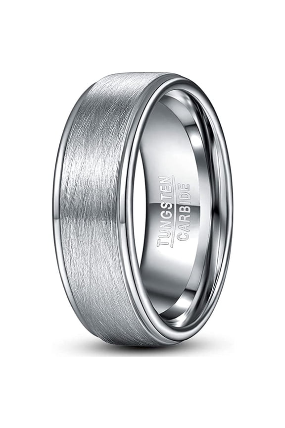 8mm Men's Silver Wedding Band Tungsten Rings with Step Edges Brushed Finish Comfort Fit