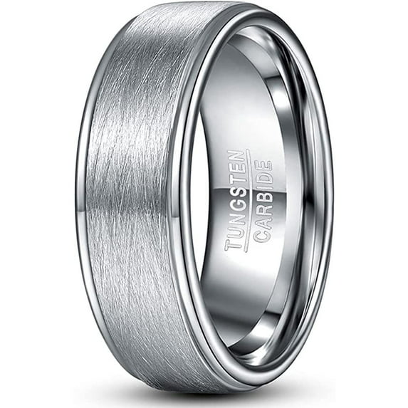 8mm Men's Silver Wedding Band Tungsten Rings with Step Edges Brushed Finish Comfort Fit