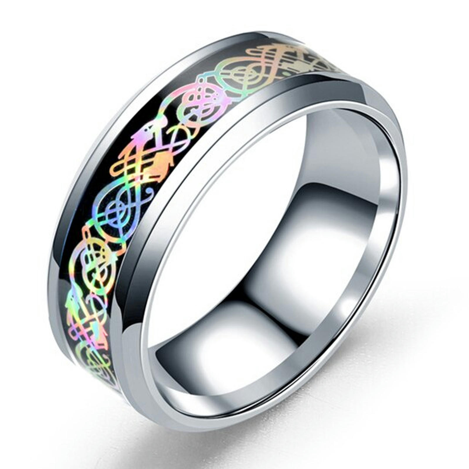 8mm Men's Stainless Steel Dragon Ring Inlay Red Green Black Carbon ...