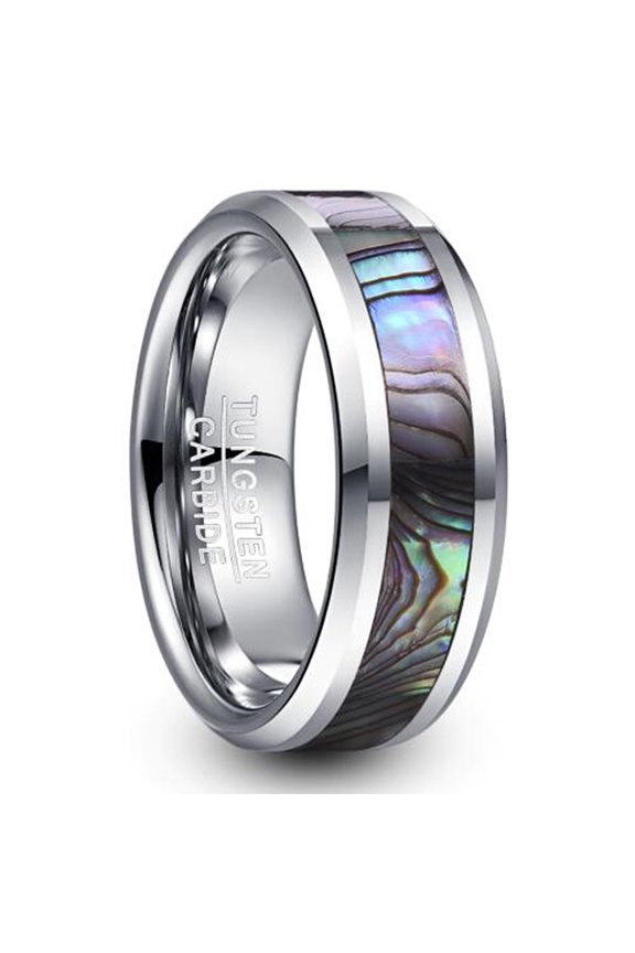 8mm Men's Tungsten Carbide Ring Abalone Shell Inlay Wedding Band Beveled Edge Size 7-12