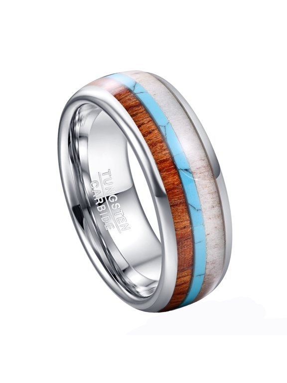 8mm Men's Tungsten Carbide Ring Deer Antler Turquoise Koa Wood Inlay Size 7-12