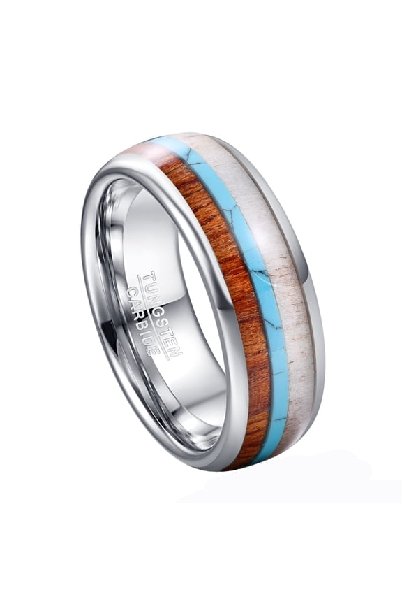8mm Men's Tungsten Carbide Ring Deer Antler Turquoise Koa Wood Inlay Size 7-12