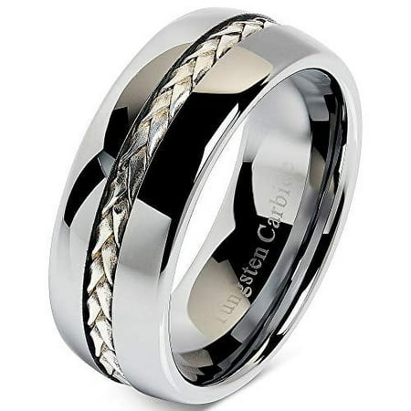 8mm Men's Tungsten Carbide Ring Silver Rope Inlay Wedding Band Size 8-16 Comfort Fit (Tungsten, 9)
