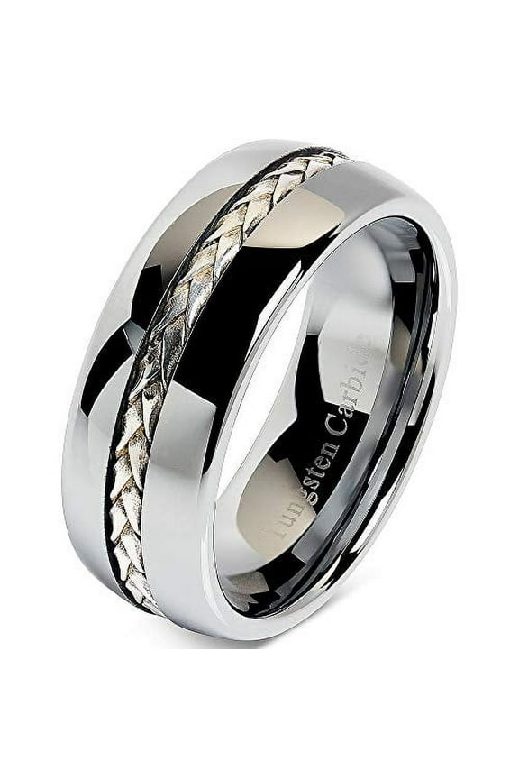 8mm Men's Tungsten Carbide Ring Silver Rope Inlay Wedding Band Size 8-16 Comfort Fit (Tungsten, 9)