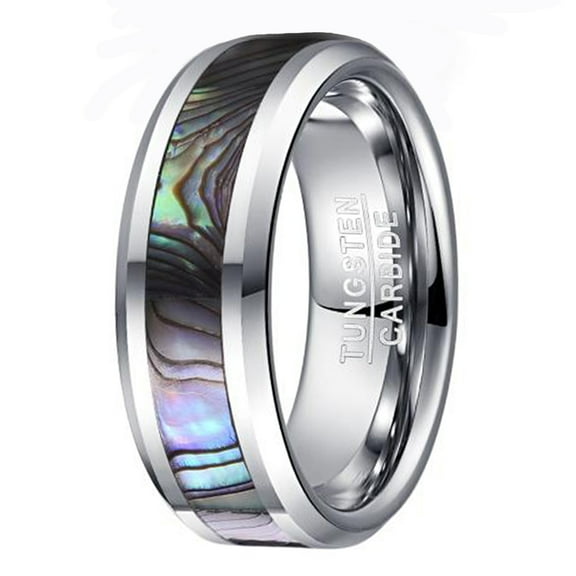 8mm Men's Tungsten Carbide Wedding Ring Abalone Shell Inlay High Polished Beveled Edge Comfort Fit Size 7-12