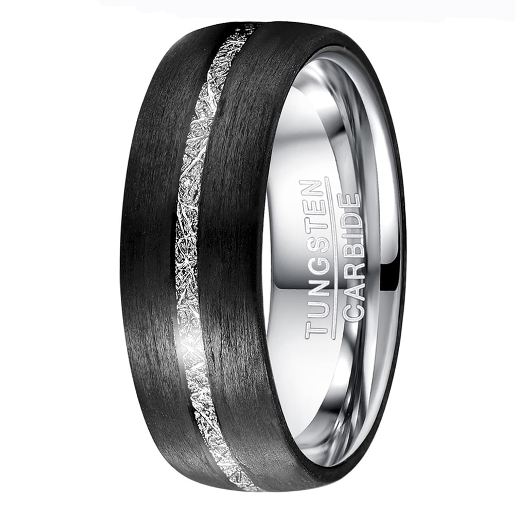 8mm Men\u0026#39;s Tungsten Carbide Wedding Rings with Carbon Fiber and Imitated Meteorite Inlay Comfort ...