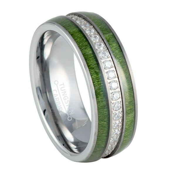 8mm Men's Tungsten Eternity Wedding Band, White Cubic Zirconia, Jade Wood Inlay Comfort Fit Dome Tungsten Ring - TN1160WAs10