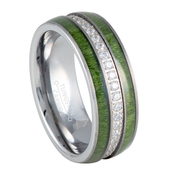 8mm Men's Tungsten Eternity Wedding Band, White Cubic Zirconia, Jade Wood Inlay Comfort Fit Dome Tungsten Ring - TN1160WAs15