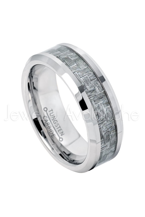 8mm Men's Tungsten Ring - Polished Comfort Fit Beveled Edge Tungsten Carbide Ring with Charcoal Gray Carbon Fiber Inlay - TN375WAs12