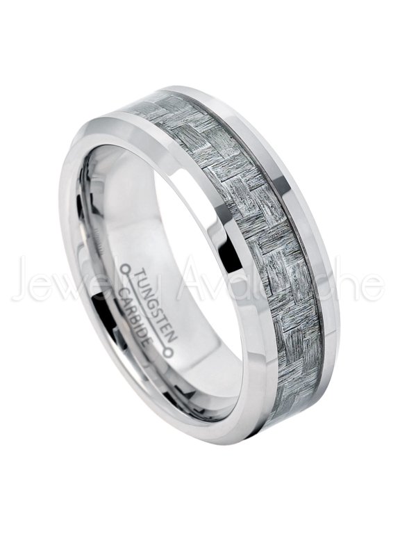 8mm Men's Tungsten Ring - Polished Comfort Fit Beveled Edge Tungsten Carbide Ring with Charcoal Gray Carbon Fiber Inlay - TN375WAs9.5