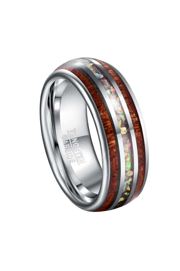 8mm Men's Tungsten Rings Inlaid with Hawaiian Koa Wood and Crushed Opal Size 7-12