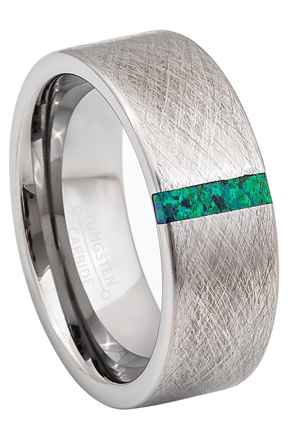 Men's Pipe Cut Tungsten Carbide Ring 8mm Blue-Green Synthetic Opal Inlay, Satin Crosshatch Finish size 10