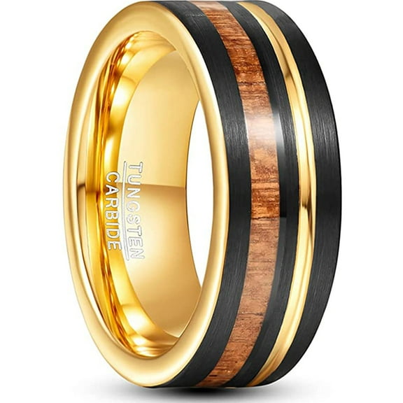 8mm Men's Wood Inlay Tungsten Ring Black Gold Wedding Band with Groove Brushed Finish