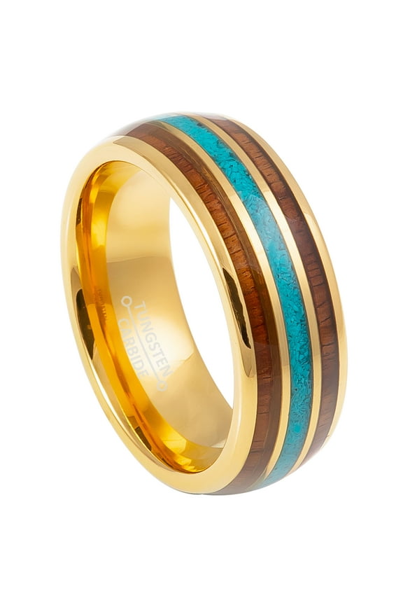 8mm Men's Yellow Gold Tungsten Wedding Band, Wood & Turquoise Inlay Anniversary Ring - TN829WAs9