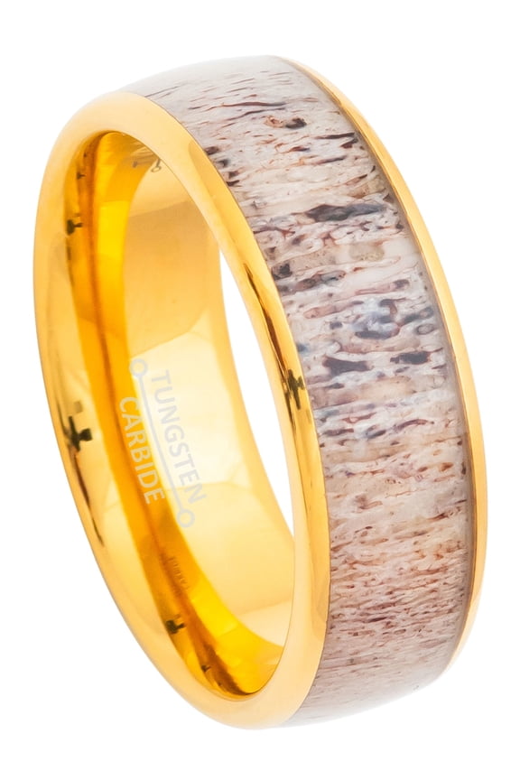 Deer Antler Inlay Mens Wedding Band Tungsten Carbide Dome Gold 8mm