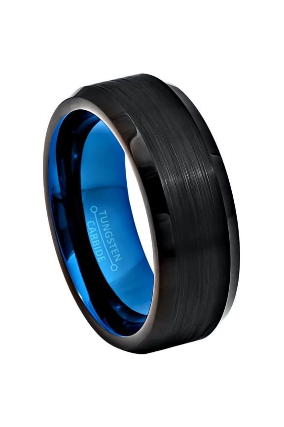 2-tone Men's Black & Blue Tungsten Carbide Wedding Band, 8mm, Beveled, Comfort Fit Ring size 11