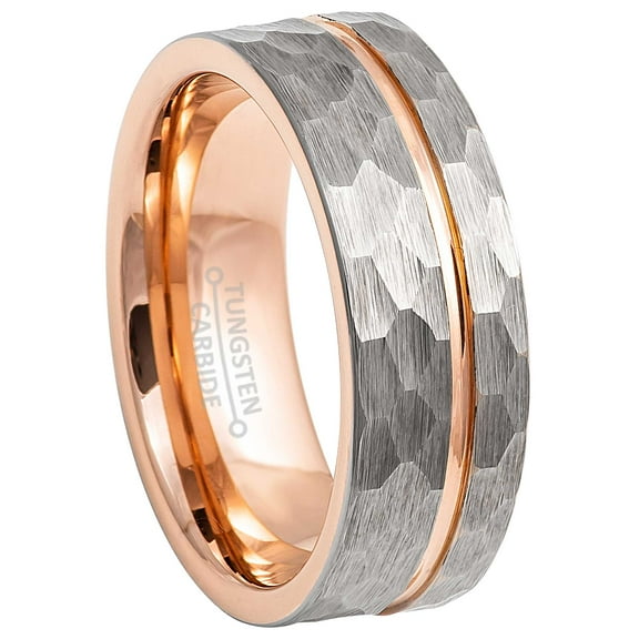 8mm Mens 2-Tone Tungsten Wedding Band, Grooved Hammered Finish, Pipe Cut Promise Ring - TN908WAs15