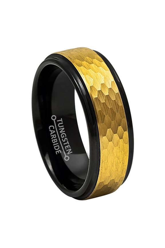 8mm Mens 2-Tone Tungsten Wedding Band, Hammered Center, Stepped Edge Engagement Ring - TN946WAs10