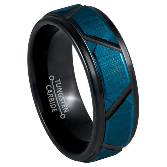 8mm Mens 2-Tone Tungsten Wedding Band, Trapezoids Design Stepped Edge Promise Ring - TN1031WAs10