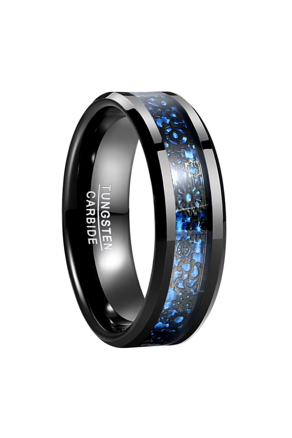 8mm Mens Black Blue Wedding Ring Bands Carbon Fiber and Gear Pattern Inlay Tungsten Rings Beveled Edges