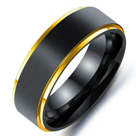 8mm Mens Black Brushed Gold Bands Stainless Steel Male Engagement Ring Size 7-12
