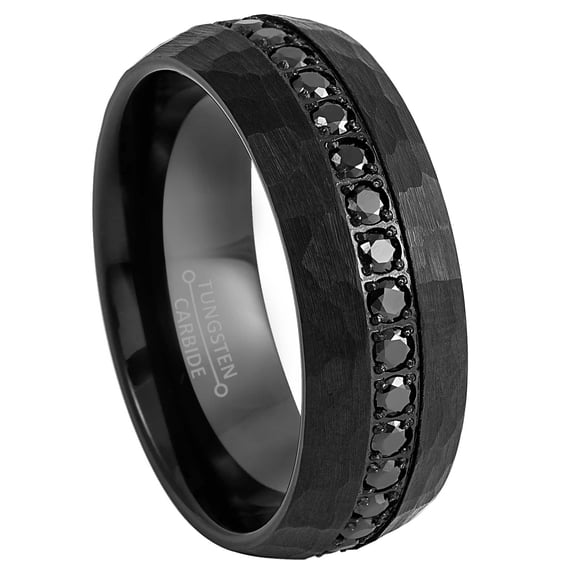 Jewelry Avalanche Dome Hammered Black Tungsten Mens Eternity Wedding Band, Black CZ Anniversary Ring size 14
