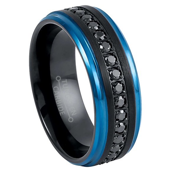 Jewelry Avalanche 2-tone Black & Blue Tungsten Mens Eternity Wedding Band Black CZ, Anniversary Ring for Him size 10.5
