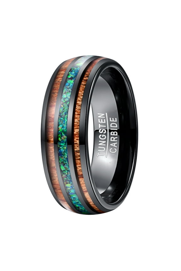 8mm Mens Black Tungsten Rings Green Created Opal and Hawaiian Koa Wood Inlay Wedding Band