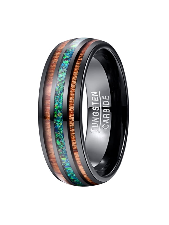 8mm Mens Black Tungsten Rings Green Created Opal and Hawaiian Koa Wood Inlay Wedding Band