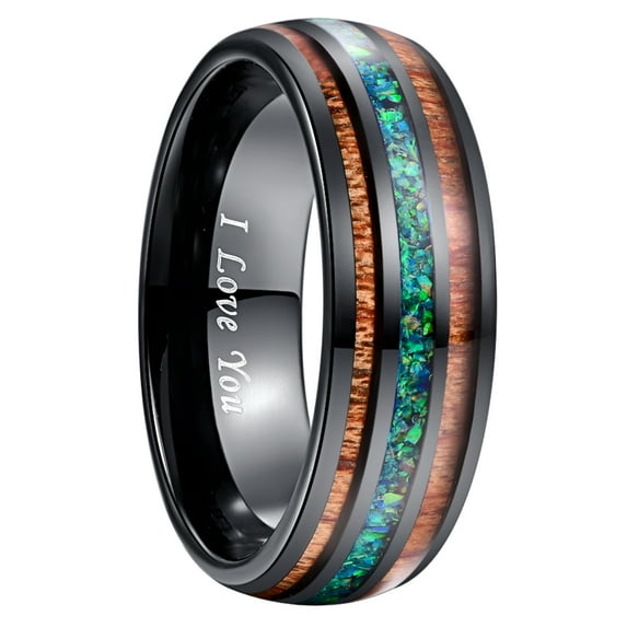 8mm Mens Black Tungsten Rings Green Created Opal and Hawaiian Koa Wood Inlay Wedding Band