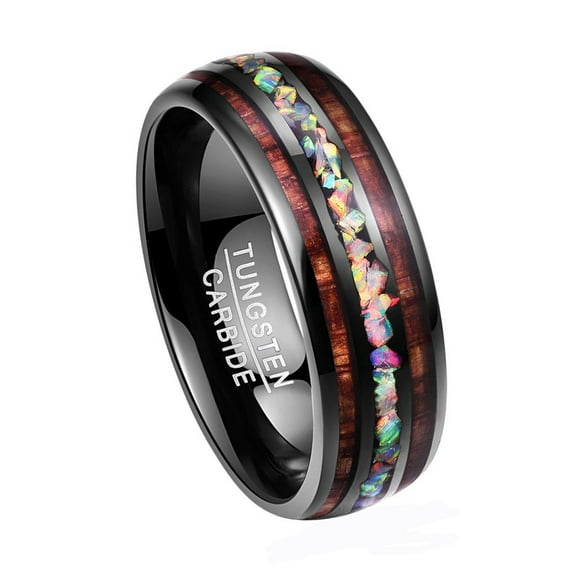 8mm Mens Black Tungsten Rings Hawaiian Koa Wood and Created Fire Opal Inlay Wedding Band Dome Style