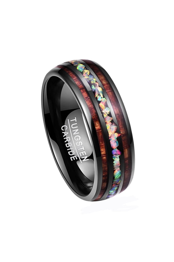 8mm Mens Black Tungsten Rings Hawaiian Koa Wood and Created Fire Opal Inlay Wedding Band Dome Style