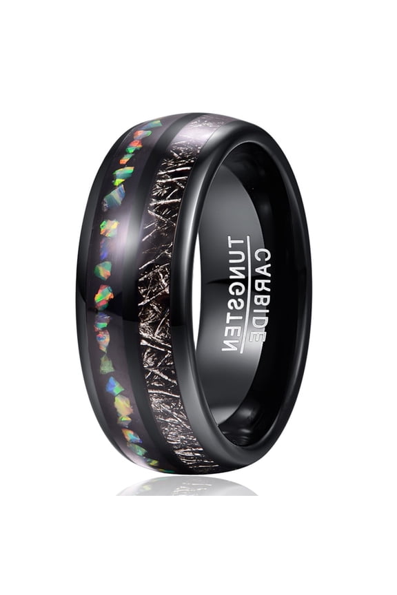 8mm Mens Black Tungsten Rings Inlaid with Imitated Meteorite Crushed Opal Polished Finish Comfort Fit Size 7-12