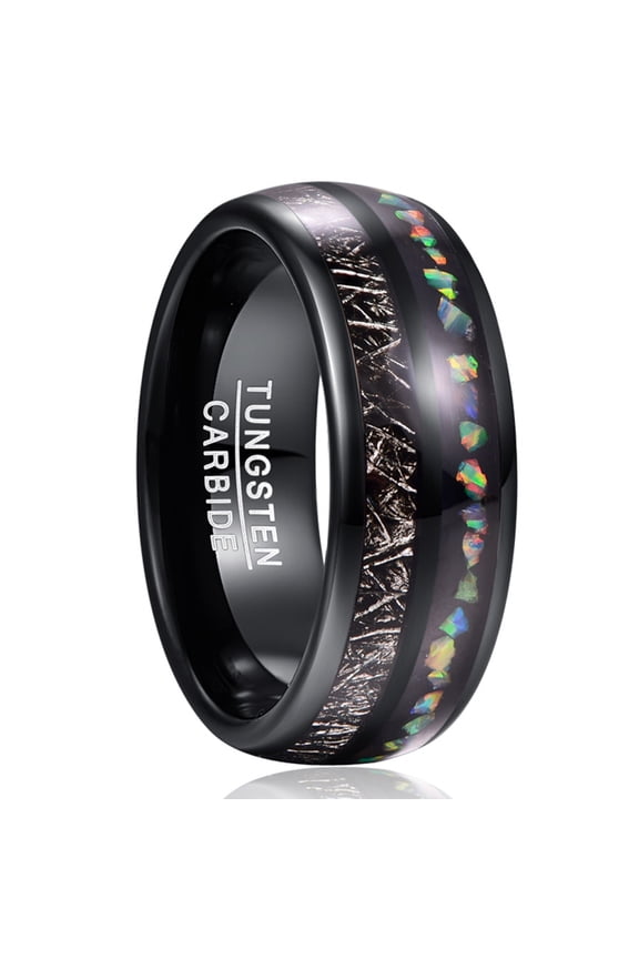 8mm Mens Black Tungsten Rings Inlaid with Imitated Meteorite Crushed Opal Polished Finish Size 7-12