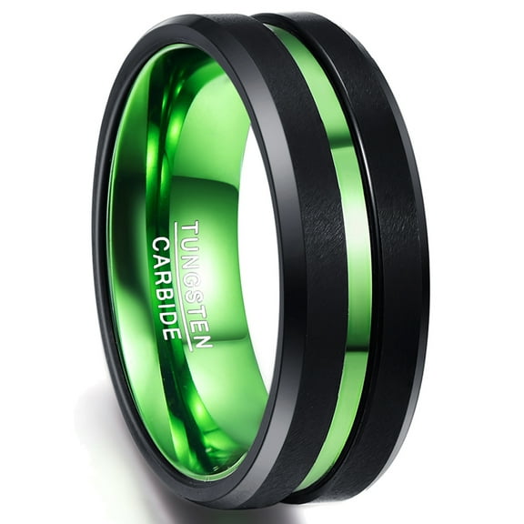 8mm Mens Black Tungsten Rings Matte Finish Wedding Band Ring with Green Groove Size 12.5