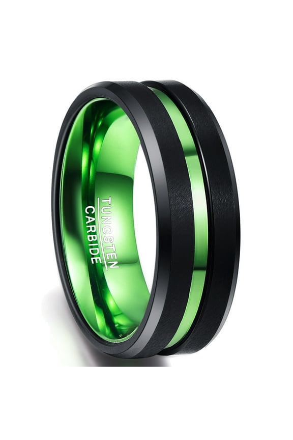 8mm Mens Black Tungsten Rings Matte Finish Wedding Band Ring with Green Groove Size 12