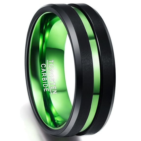8mm Mens Black Tungsten Rings Matte Finish Wedding Band Ring with Green Groove Size 13