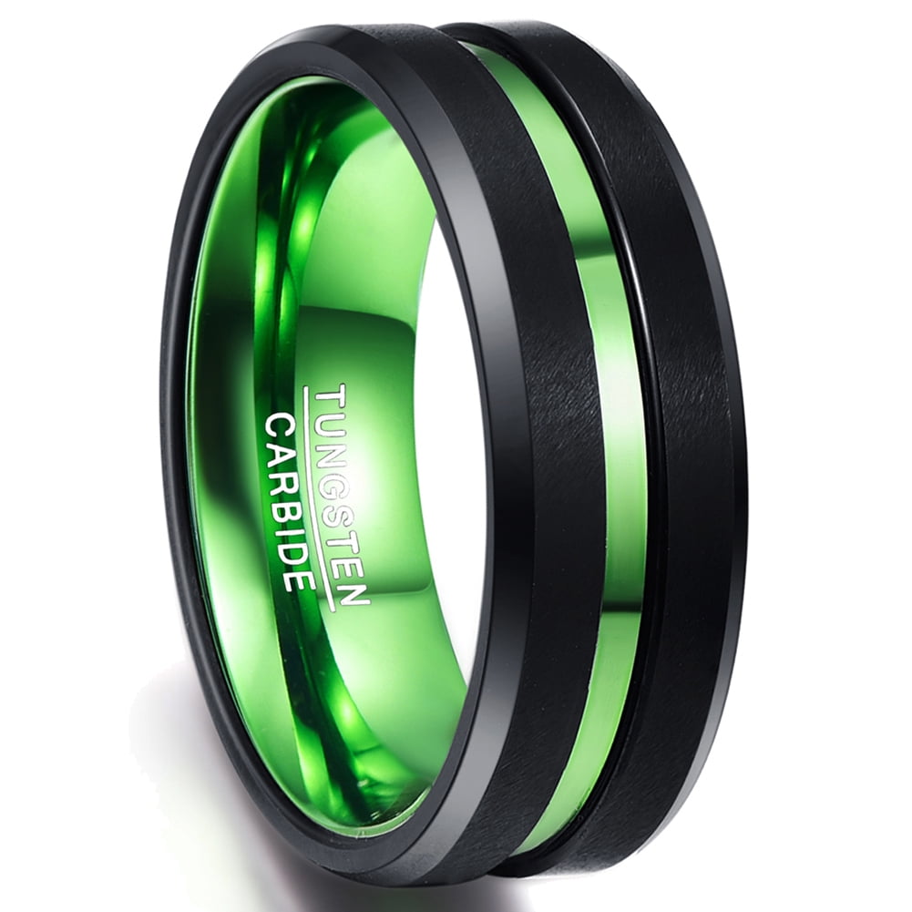 8mm Mens Black Tungsten Rings Matte Finish Wedding Band Ring with Green