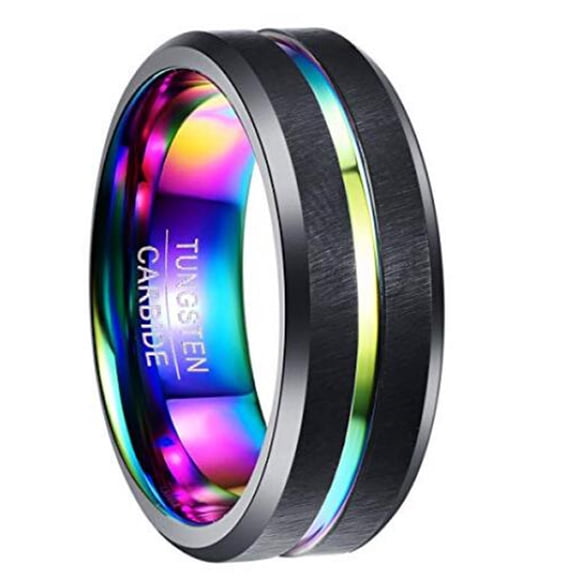 8mm Mens Black Tungsten Rings Rainbow Groove Wedding Bands Beveled Edge Size 8.5