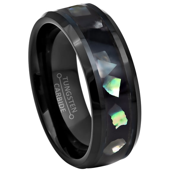 Jewelry Avalanche Men's Black Tungsten Carbide Wedding Band – Abalone Shell Inlay, Beveled Edge, 8mm Comfort Fit Ring size 7